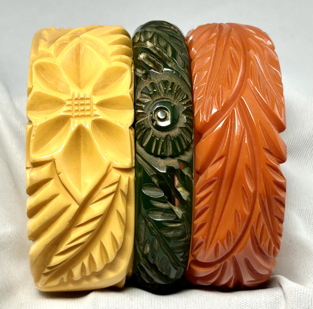 BB706 leaf and floral carved bakelite bangles